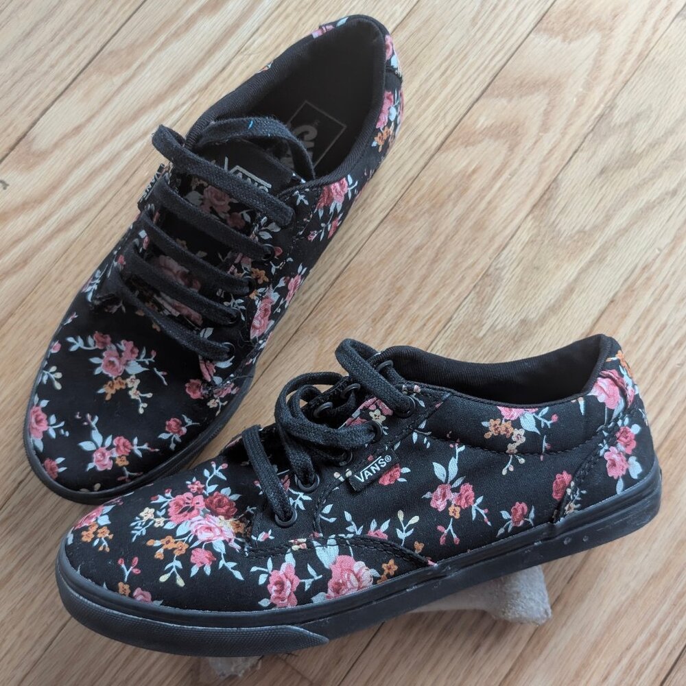 EUC VANS Lo Pro Floral Rose Pattern Women's 6.5 Black Shoes Off the Wall Skate